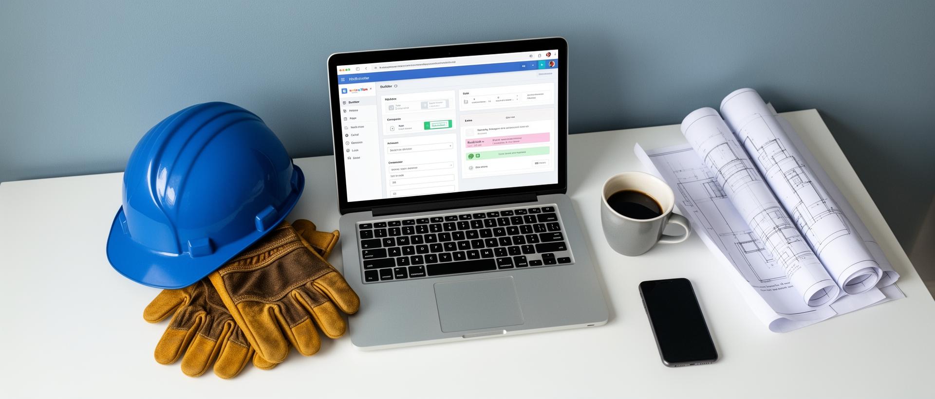 Laptop with website builder on a desk with hard hat and work gloves
