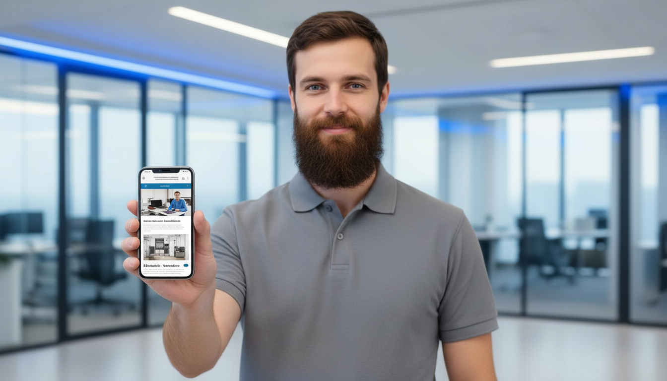 Tradesman holding smartphone showing a professional website